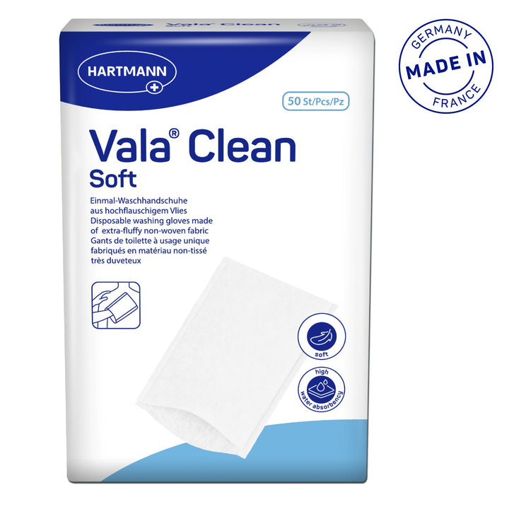 Valaclean Disposable Washing Gloves Soft 50s packaging, designed for gentle skin care, made from extra soft and tear-resistant fabric.