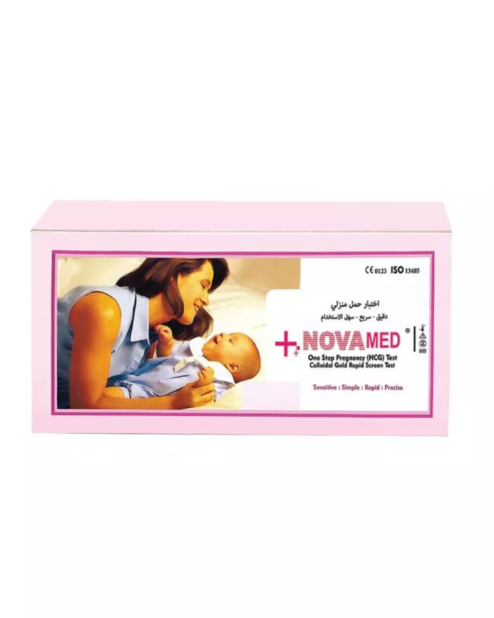 Novamed One Step Hcg Test pregnancy detection kit packaging with illustration of a mother and baby.