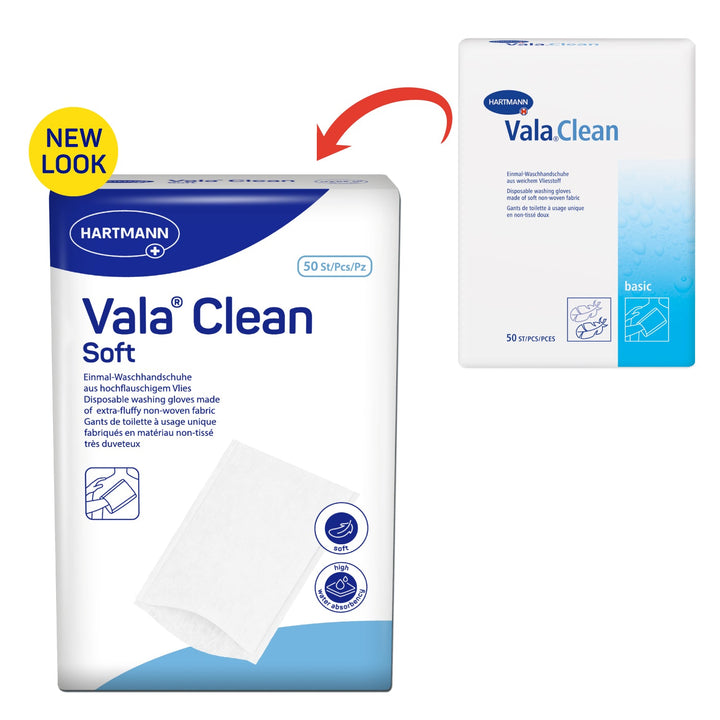 Valaclean Disposable Washing Gloves Soft 50s package with updated design for gentle washing.