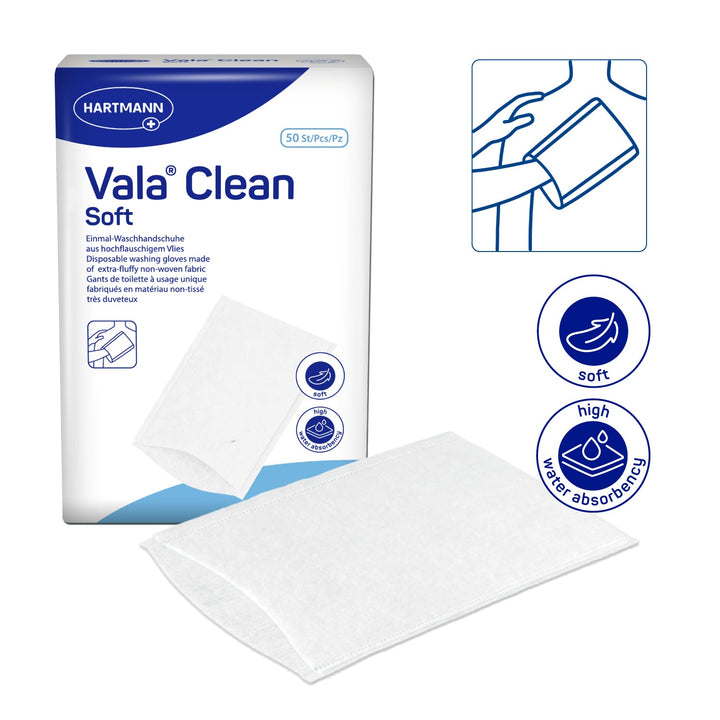 Valaclean Disposable Washing Gloves Soft 50s for gentle skin care, extra soft and absorbent.