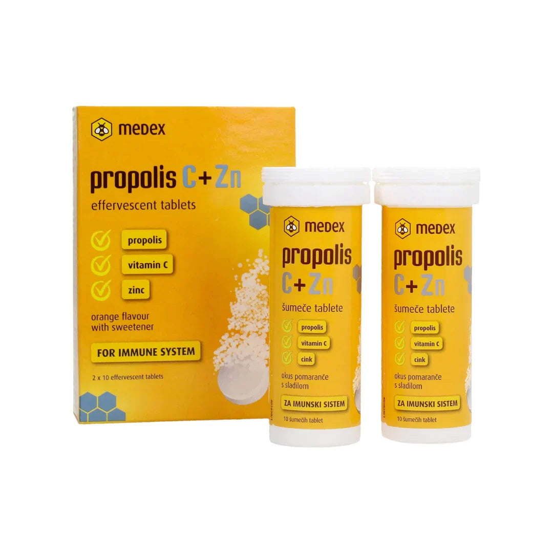 Medex Propolis C+Zn effervescent tablets in orange flavor packaging for immune support.