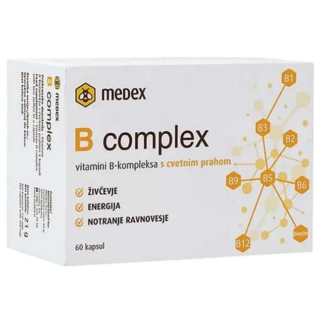 Medex B Complex Capsules 60S box with vitamin B complex and bee pollen extract.