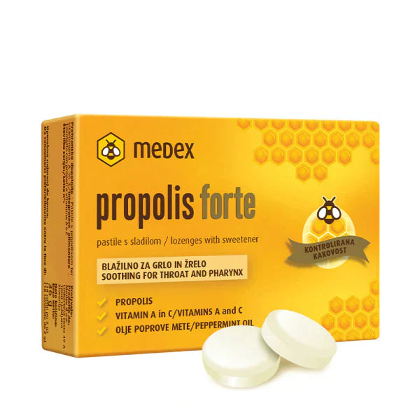 Medex Propolis Forte 18S Lozenges for sore throat relief, enriched with vitamins A and C.