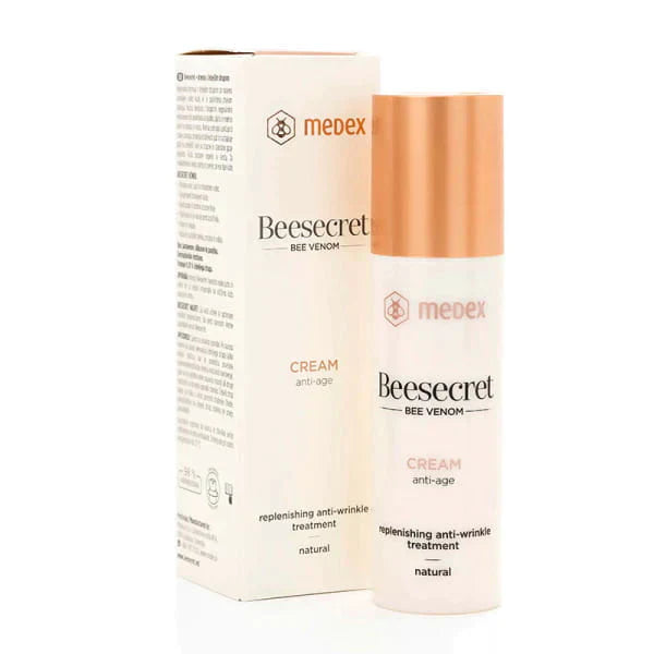 Medex Beesecret Cream 50ml bottle and box, replenishing bee venom formula for youthful skin.