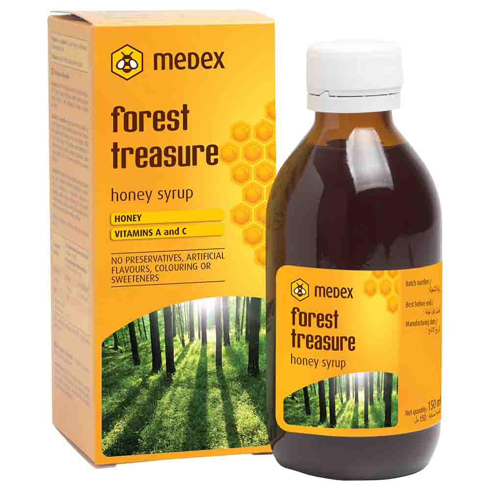 Medex Honey Syrup with Spruce Tips, enriched with vitamins A and C, in a glass bottle and packaging.