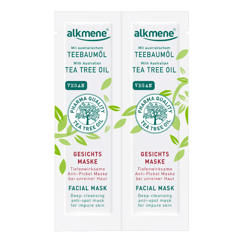 Alkmene Tea Tree Face Mask 2x6 ml packaging with tea tree oil benefits.