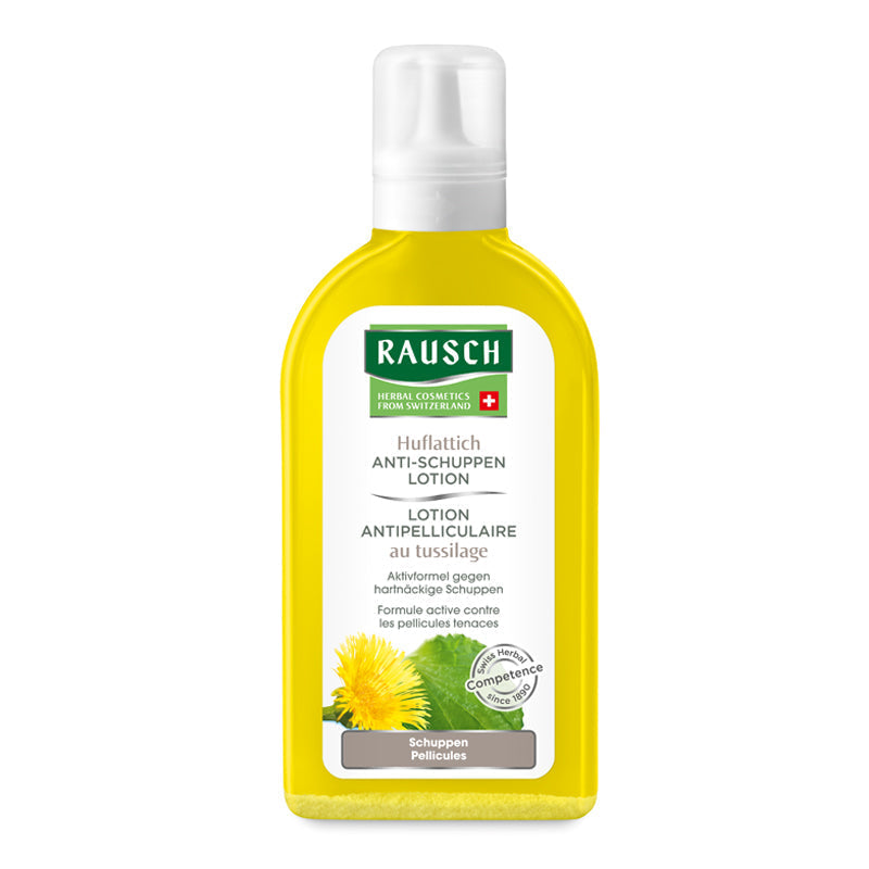 Rausch Coltsfoot Anti Dandruff Lotion 200ml bottle with coltsfoot and herbal extracts for dandruff treatment.