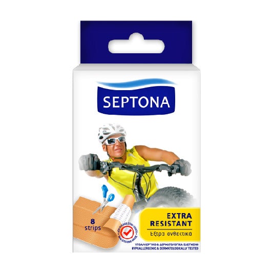 Septona Band Aid Extra Resistant 8S packaging with cyclist image.
