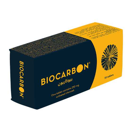 Biocarbon Tabs 50S box with activated charcoal tablets for detox and diarrhea relief.