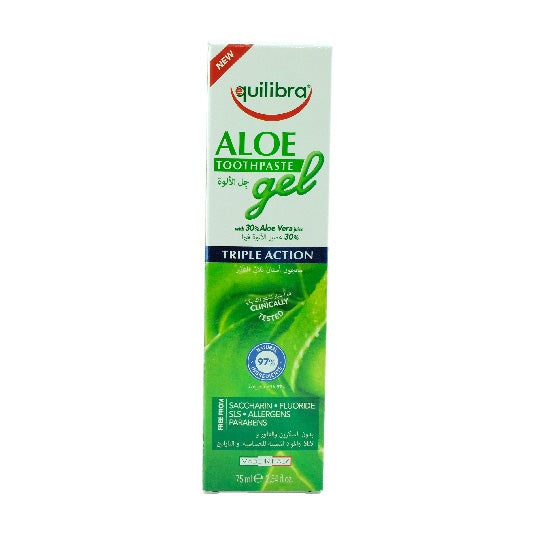 Eq Aloe Triple Action Toothpaste 75 ML packaging with aloe and tea tree oil benefits.