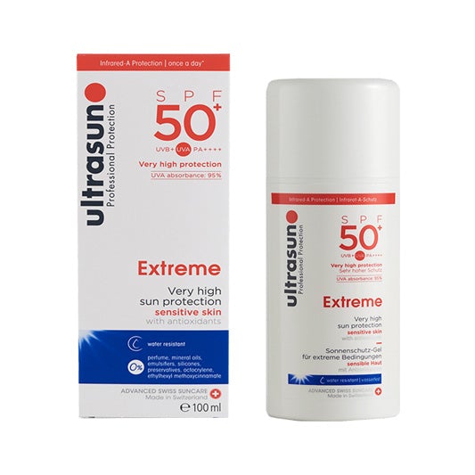 Ultrasun Body Extreme SPF50+ sunscreen bottle and packaging, 100ml size, high UVA/UVB protection.