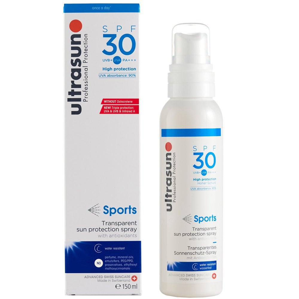 Ultrasun Sports Spray SPF50 150ml lightweight sun cream with UVA/UVB protection.