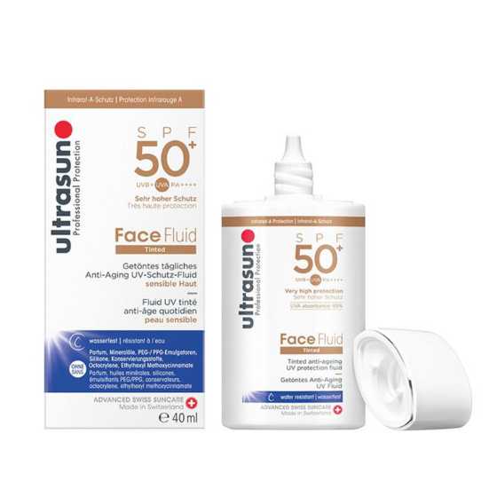 Ultrasun Face Fluid SPF50+ Tinted Honey 40ml for UVA/UVB protection and anti-aging.