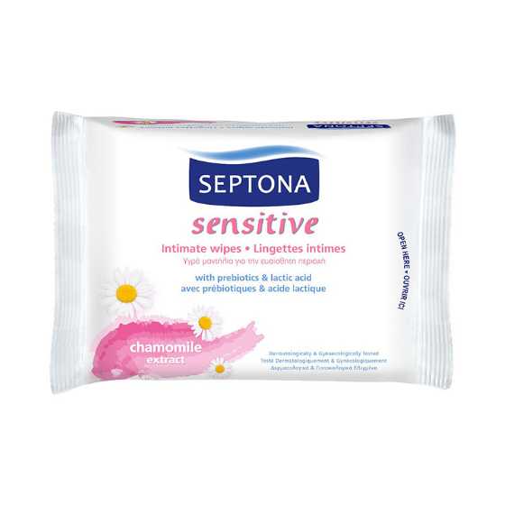 Septona Intimate Wipes with chamomile, panthenol, and calendula extracts for gentle cleansing and soothing.