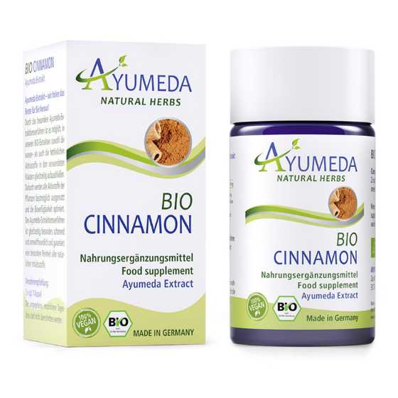 Ayumeda Bio Cinnamon Extract Capsules 60S packaging and bottle.
