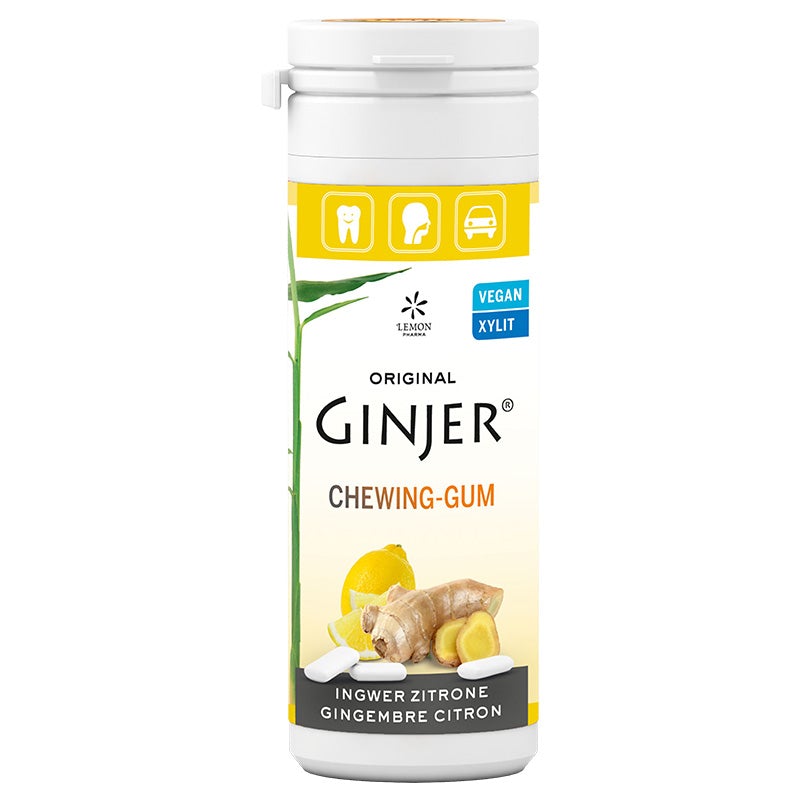 Ginjer Chewing Gum Lemon 30G with ginger and xylitol ingredients.