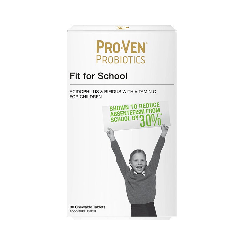 Proven Fit For School Chewable Tablets packaging with child holding sign.