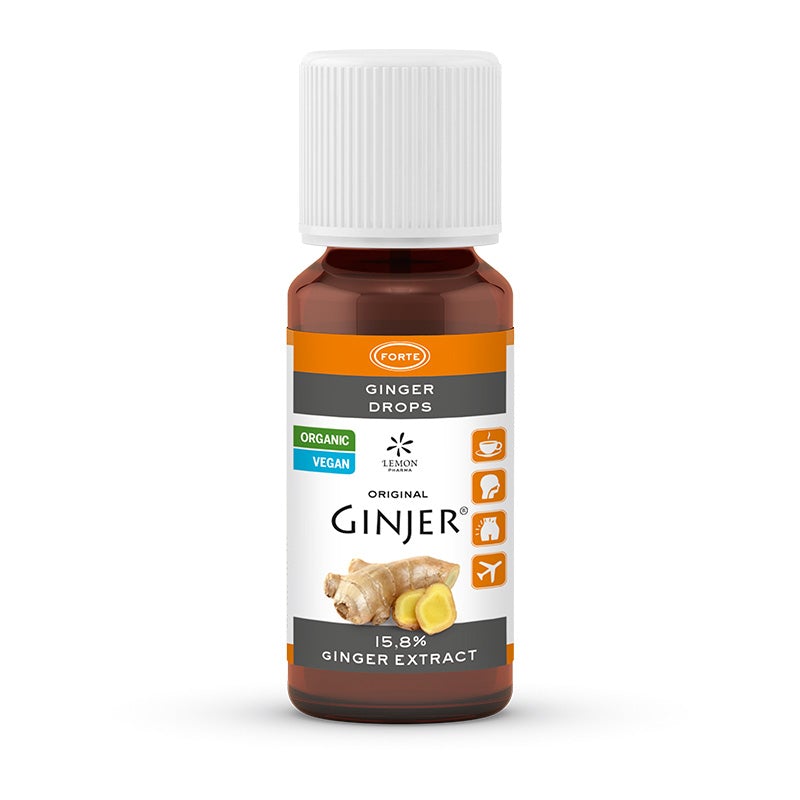 Ginjer Drops Forte 20 ml bottle with ginger extract dietary supplement.