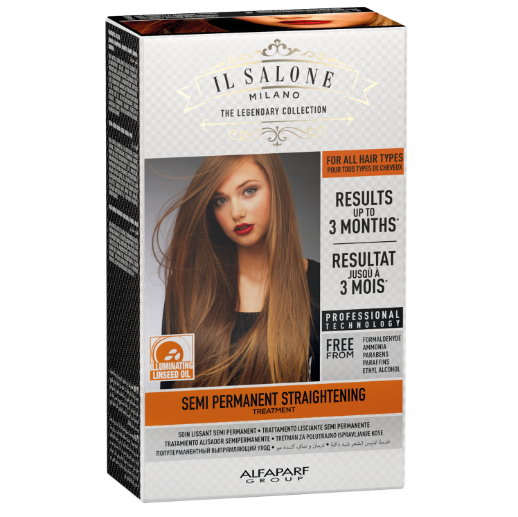 Alfaparf Il Salone Semi Permanent Straightening Kit with Linseed Oil for smooth, frizz-free hair.