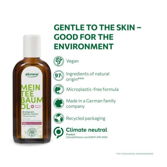 Alkmene Tea Tree Calming Scalp Tonic 250ml with tea tree oil and piroctone olamine for soothing dry scalps.