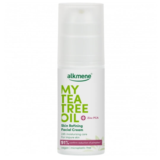 Alkmene Tea Tree Skin Refining Facial Cream 50 ML bottle with tea tree oil and zinc PCA.