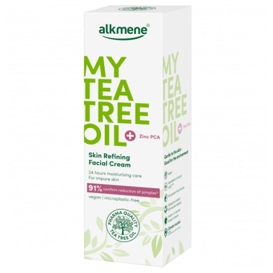 Alkmene Tea Tree Skin Refining Facial Cream 50 ML with tea tree oil and zinc PCA packaging.