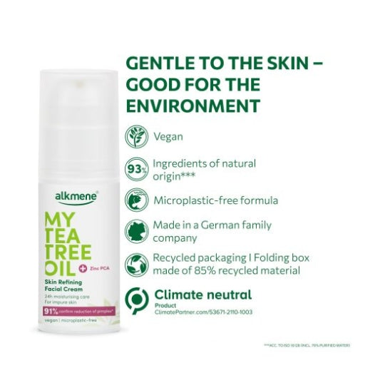 Alkmene Tea Tree Skin Refining Facial Cream 50 ML with tea tree oil and zinc PCA for reducing blemishes.