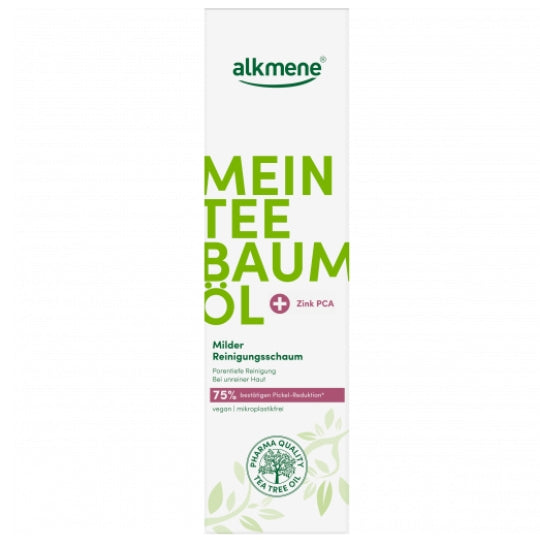 Alkmene Tea Tree Gentle Cleansing Foam 150ml bottle with tea tree oil and zinc PCA for clear skin.