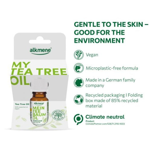 Alkmene Tea Tree Oil 10ml bottle in eco-friendly packaging, highlighting vegan and microplastic-free formula.
