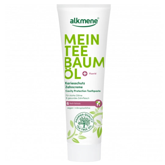 Alkmene Tea Tree Cavity Protect Toothpaste 100ml tube with tea tree oil and fluoride benefits.