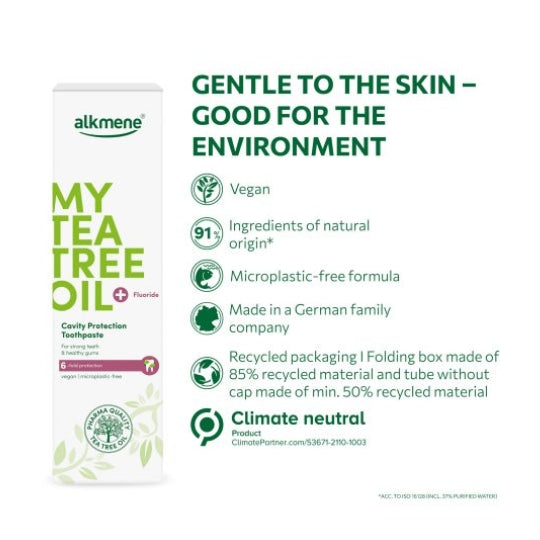 Alkmene Tea Tree Cavity-Protection Toothpaste with fluoride, 100ml, vegan, microplastic-free, 91% natural ingredients.