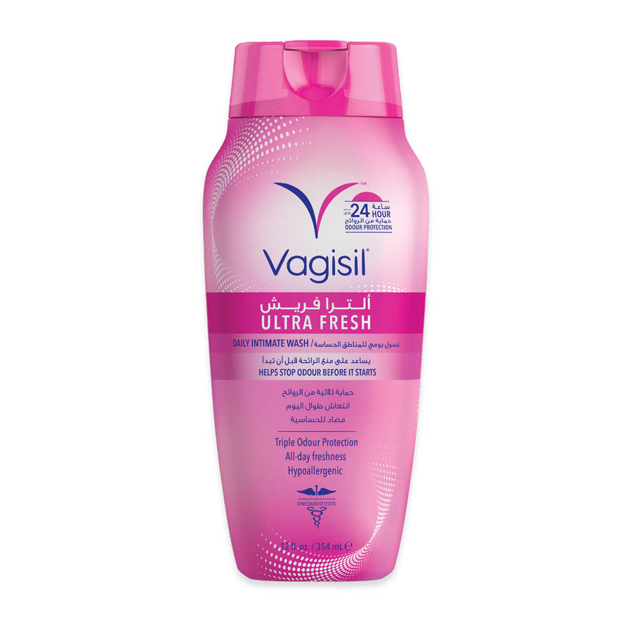 Vagisil Intimate Wash Ultra Fresh 354 ML bottle with skin-friendly scent, hypoallergenic, and pH balanced formula for all-day freshness.