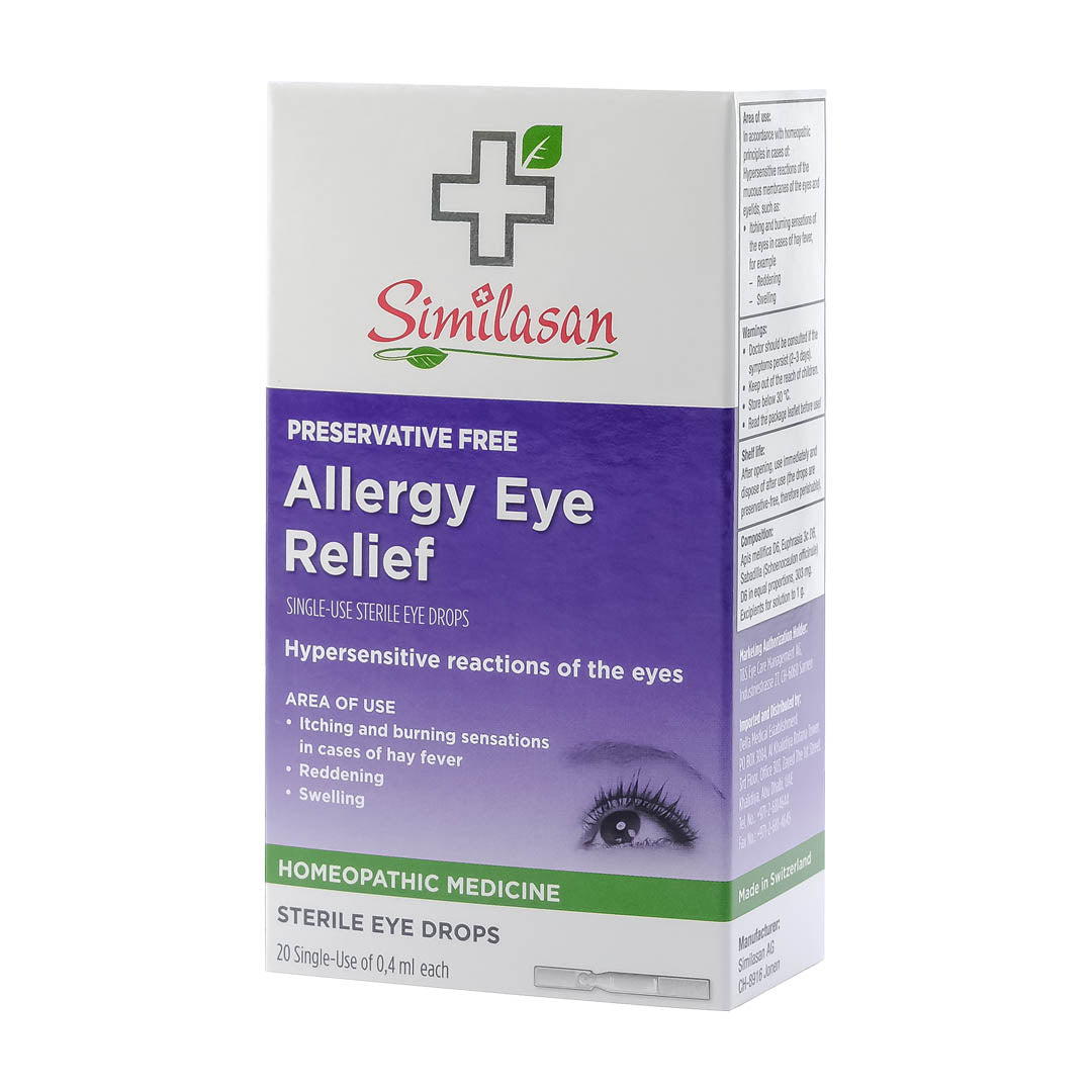Similasan Allergy Eye Relief single-use drops, preservative-free, natural ingredients, 20 doses.