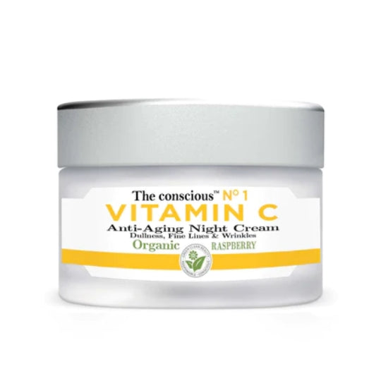 The Conscious Vit-C Anti-Aging Night Cream with Vitamin C and organic raspberry leaves in a 50ml jar.