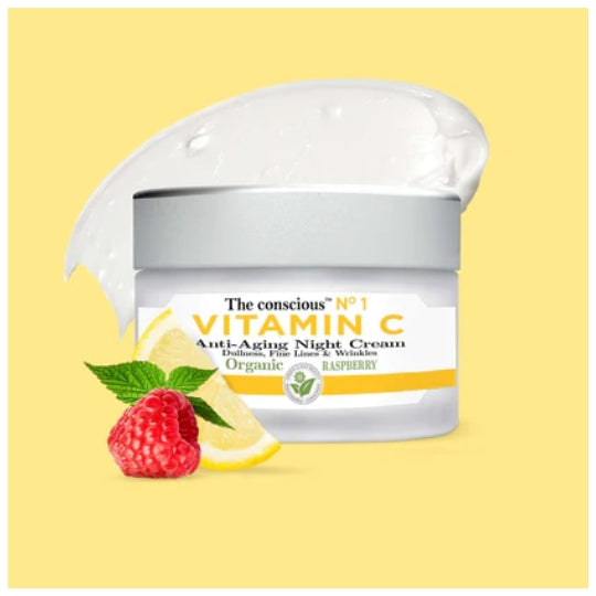 The Conscious Vit-C Anti-Aging Night Cream with Vitamin C and Organic Raspberry Leaves, 50ml jar on a yellow background.