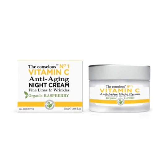 The Conscious Vit-C Anti-Aging Night Cream with Vitamin C and organic raspberry packaging.