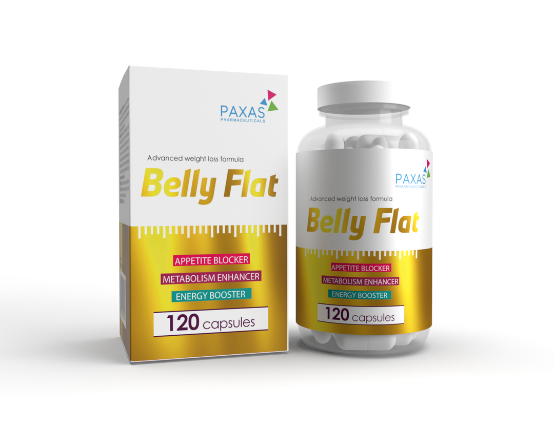 Belly Flat Cap 120S bottle and box featuring appetite blocker, metabolism enhancer, and energy booster claims.