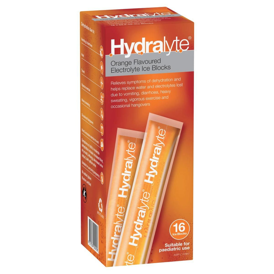 Hydralyte Orange Electrolyte Ice Blocks packaging, relieves dehydration symptoms.