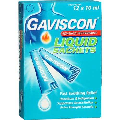 Gaviscon Advance Peppermint Liquid Sachet 10ml pack for acid reflux relief.