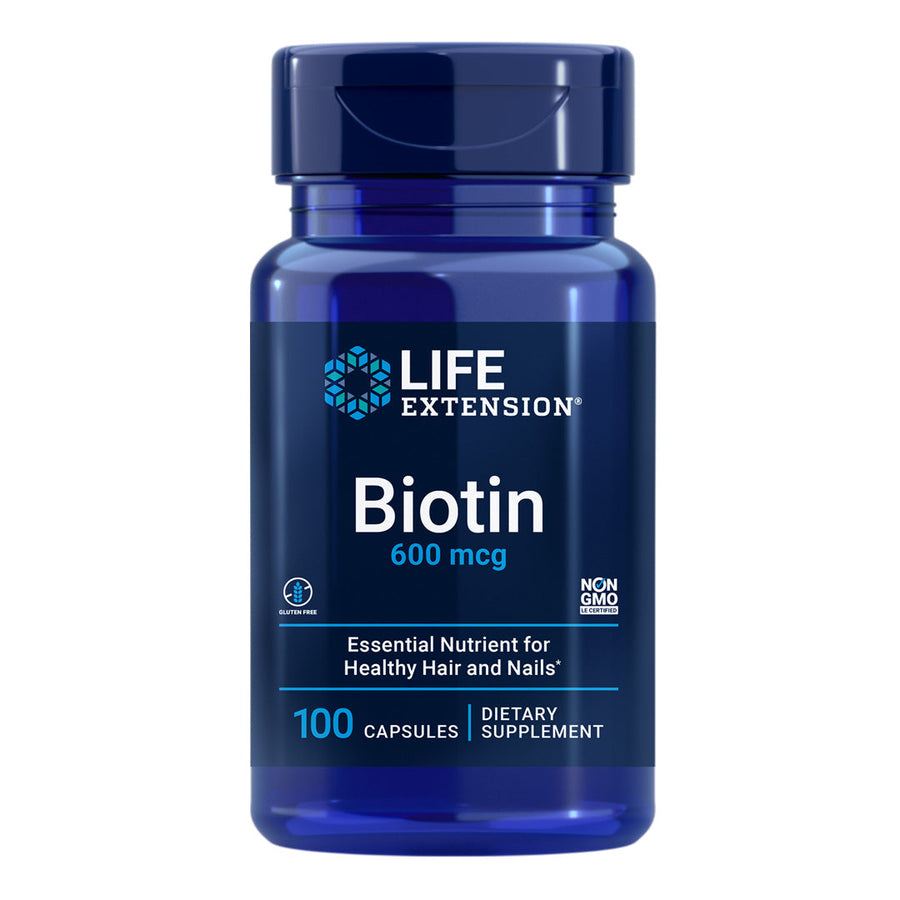 Life Extension Biotin 600mcg Capsules 100s for healthy hair, nails, and skin.