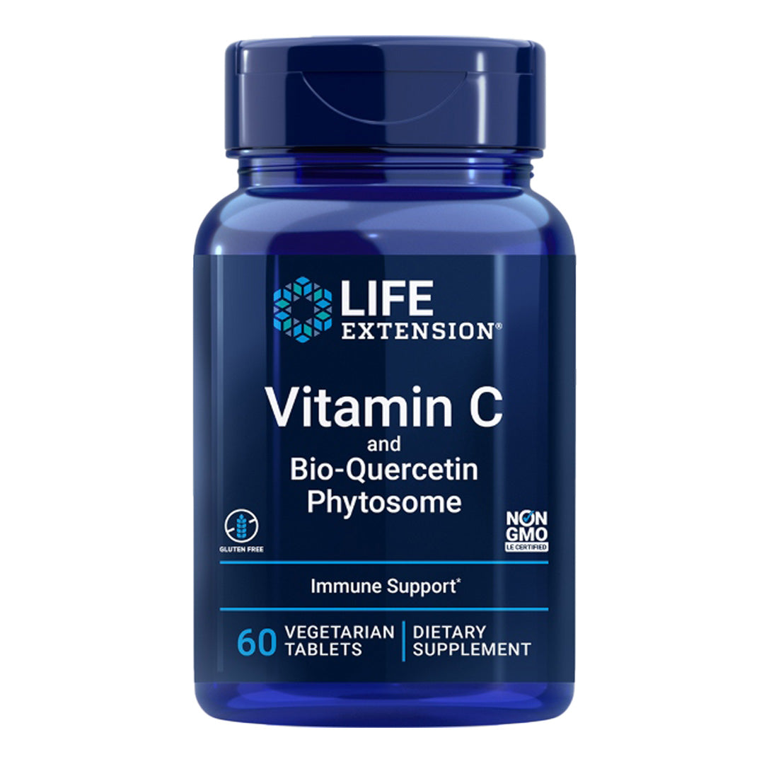 Life Extension Vitamin C and Bio-Quercetin Phytosome 60 tablets, gluten-free, non-GMO, vegetarian.