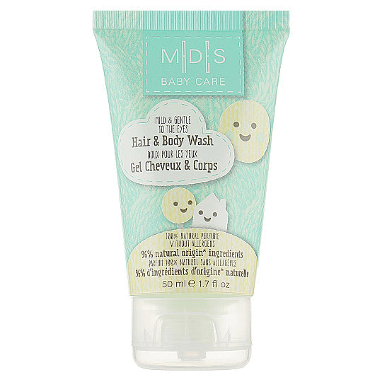 Mades Baby Care Hair & Body Wash 50ml tube with gentle, allergen-free formula for babies.