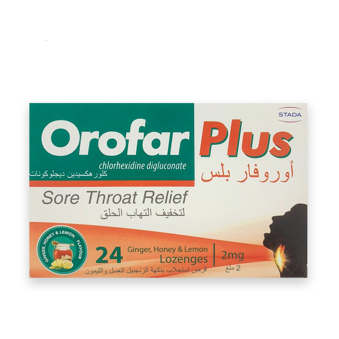 Orofar Plus Ginger Honey & Lemon Lozenges 24 pack for sore throat relief.