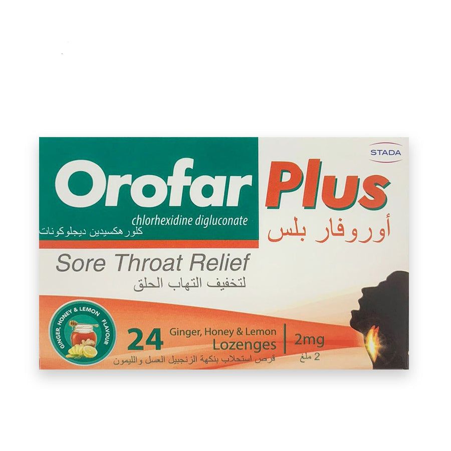 Orofar Plus Ginger Honey & Lemon Lozenges 24 pack for sore throat relief.