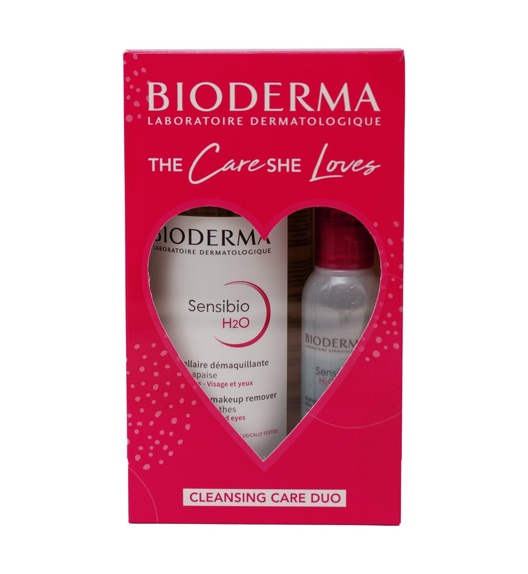 Bioderma Sensibio H20 Duo Kit, cleansing and makeup removing micellar water for sensitive skin, 850ml and 125ml bottles.