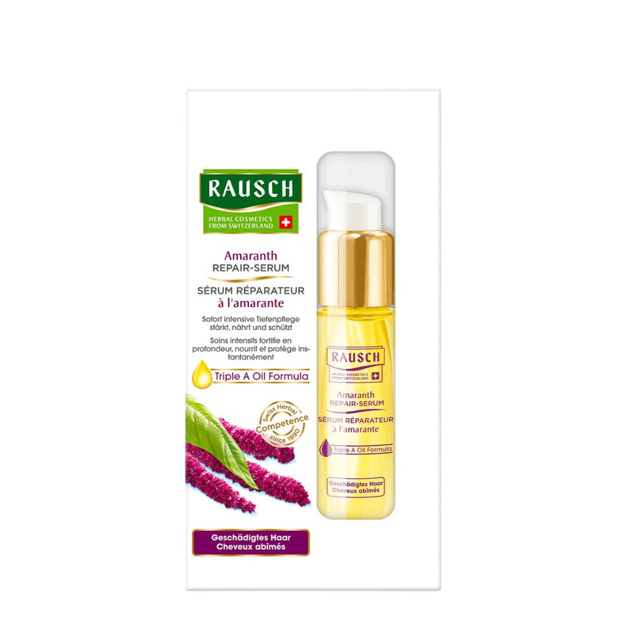 Rausch Amaranth Repair Serum 30 ml with amaranth, argan, and abyssinian oil for hair restoration and protection.
