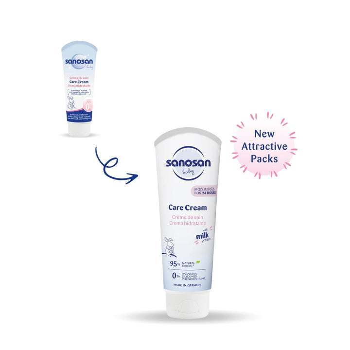 Sanosan Baby Care Cream Tube 100 ml with natural milk protein and shea butter for 24-hour moisturizing.