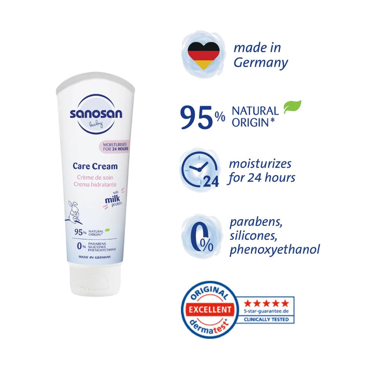 Sanosan Baby Care Cream Tube 100ml with natural milk protein, provides 24-hour moisturization, made in Germany.