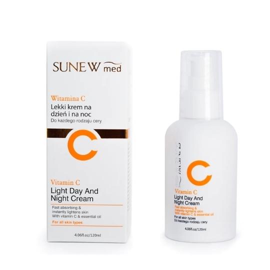 Sunew Med+ Light Day & Night Cream 120ml with Vitamin C, shown with packaging. Ideal for skin discoloration and anti-aging. Suitable for all skin types.