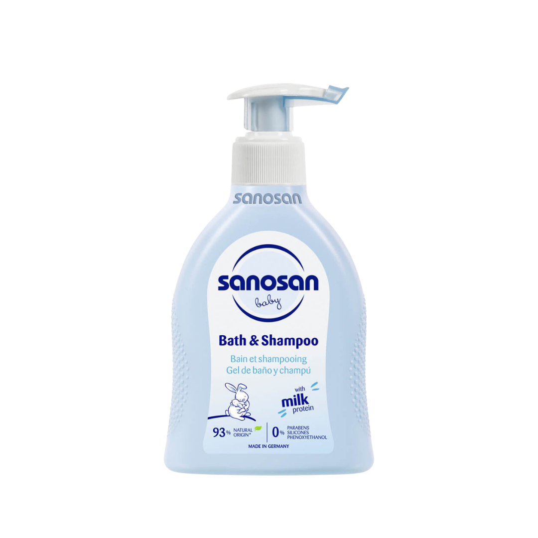 Sanosan Baby Bath & Shampoo 200ml bottle with milk protein.